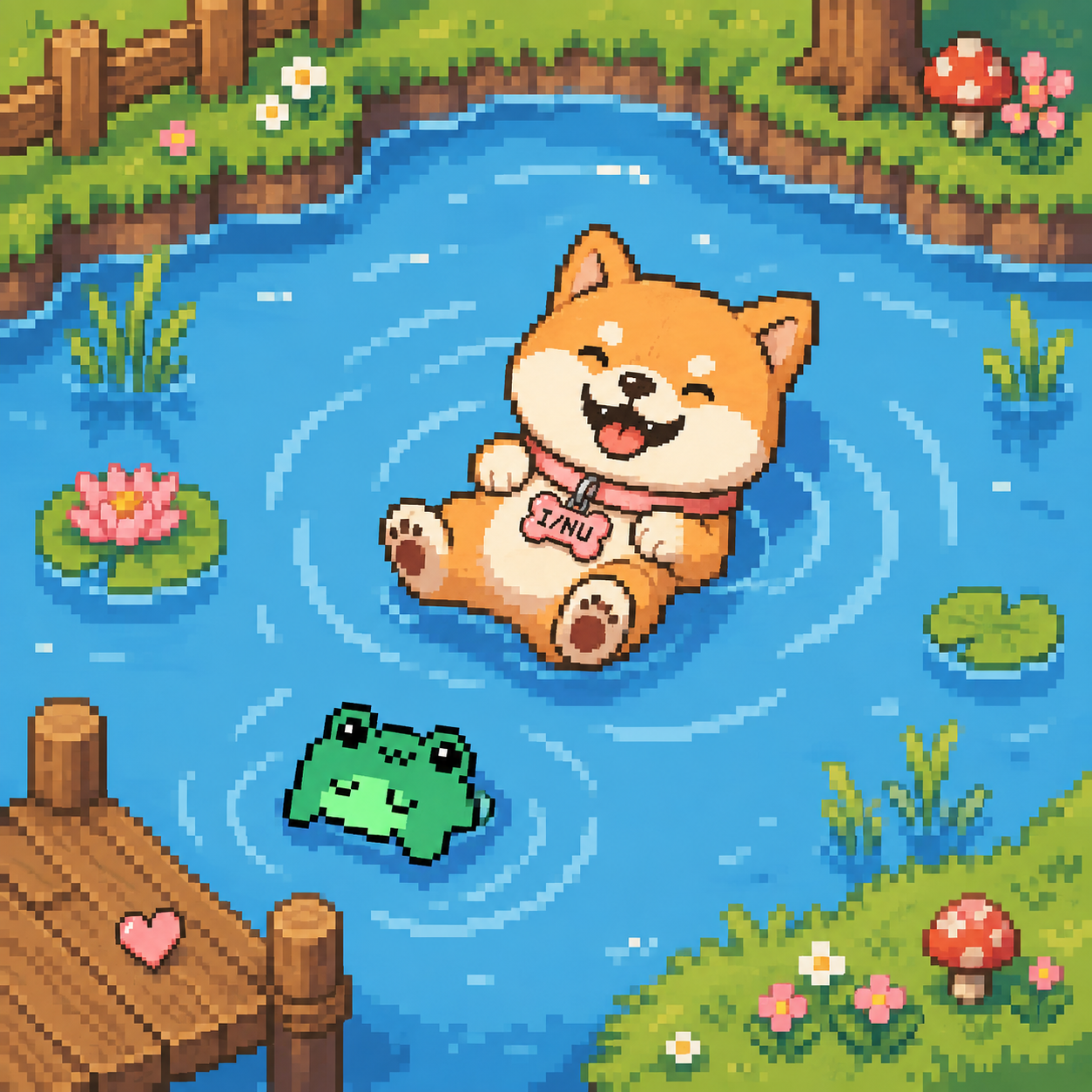 INU the Shiba Inu relaxing in a pixel-art pond with a frog, lily pads and flowers