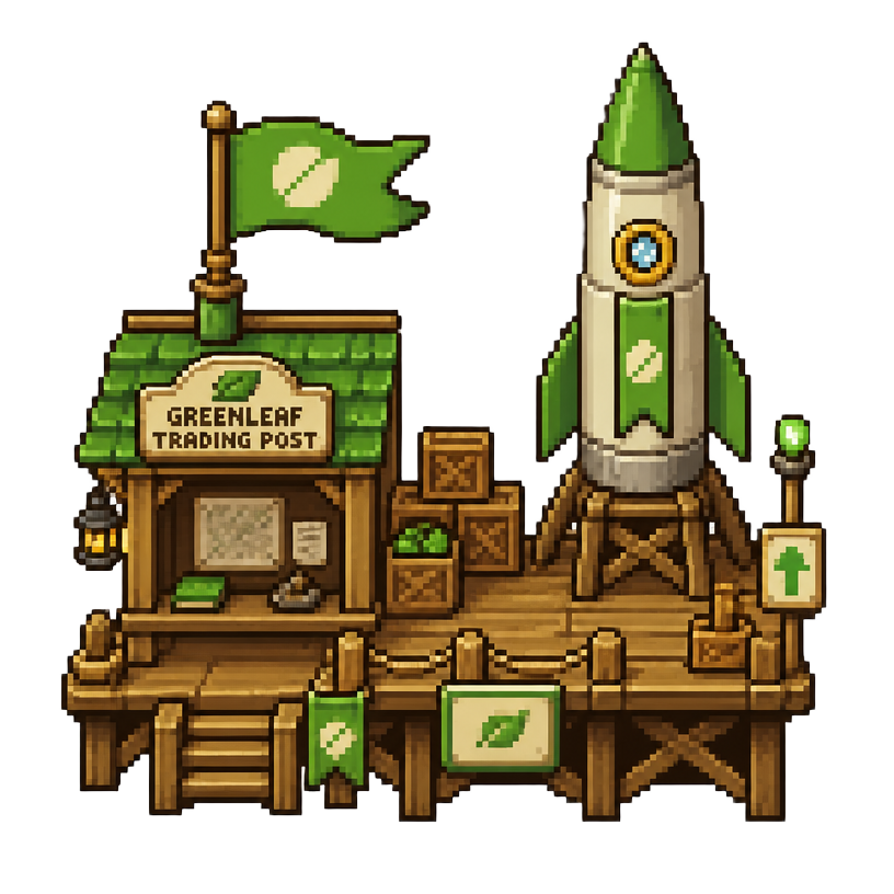 A pixel-art trading post with a green flag and a small rocket on a wooden platform