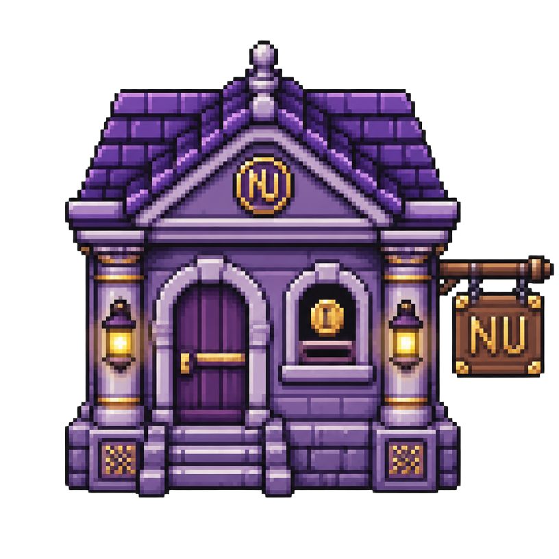 A small purple pixel-art bank with a sign reading NU